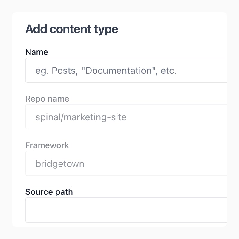 Screen to attach a content type to your Spinal dashboard