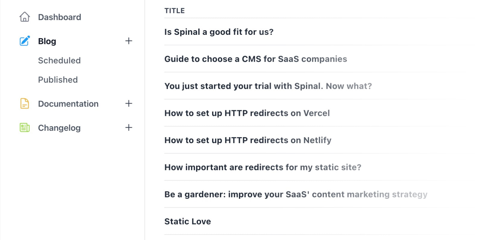 List of the content types (posts, documentation and changelog) in the navigation bar