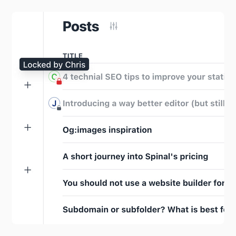 Posts overview with one item locked by Chris, visibly by a tooltip